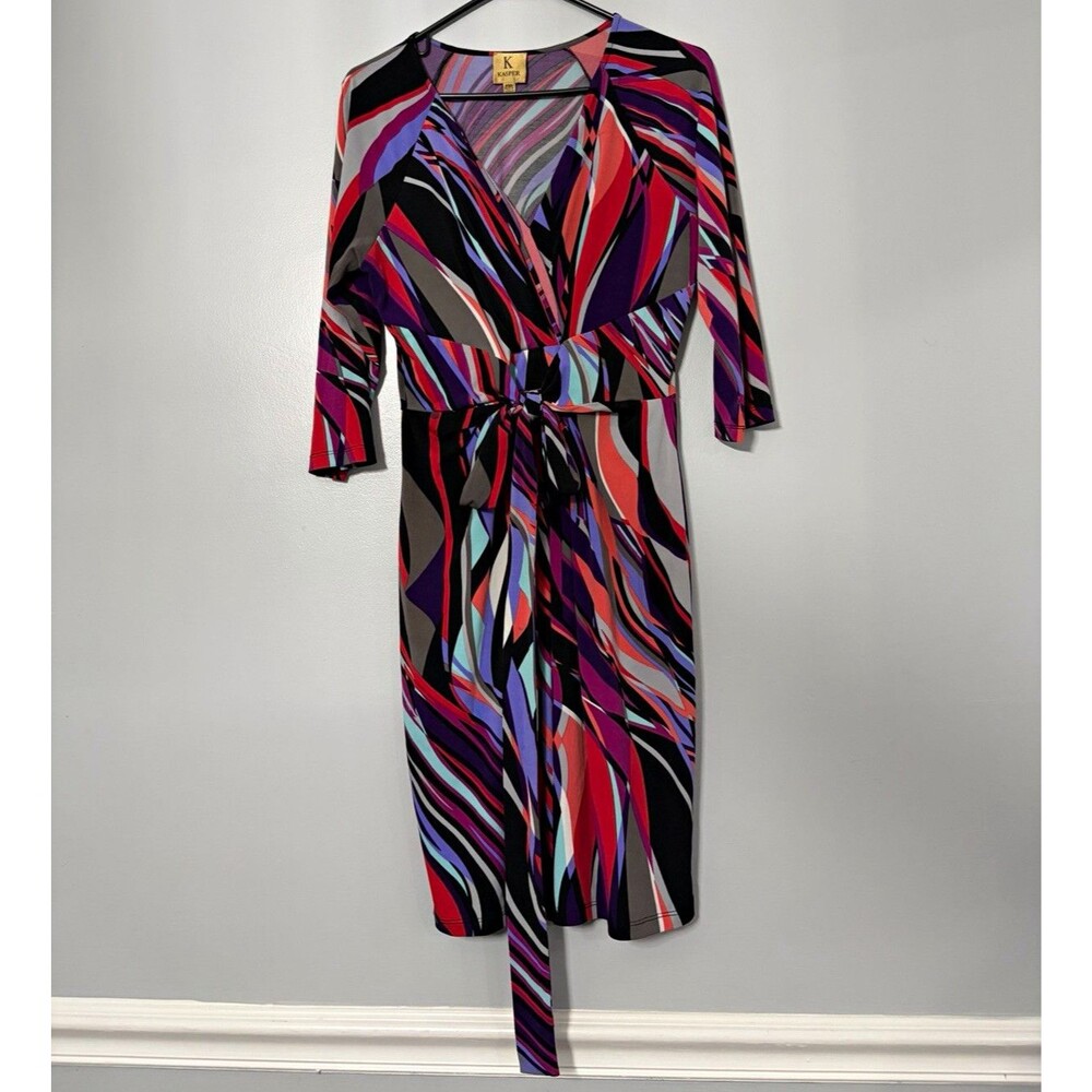 Kasper Women’s Multicolor Abstract Knit Wrap Dress V-Neck Belted Tie PM